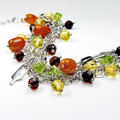 Multi-Colored Amber and Peridot Triple Layer bracelet, sterling silver