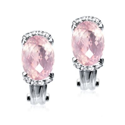 Rose Quartz and Diamond Oval omega back earrings, 14k white gold