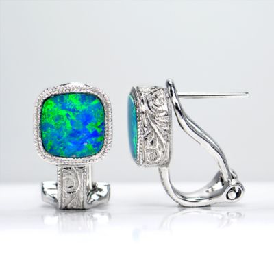 7mm Extra Fine Grade Black Boulder Opal Doublet omega back earrings, 18k white gold