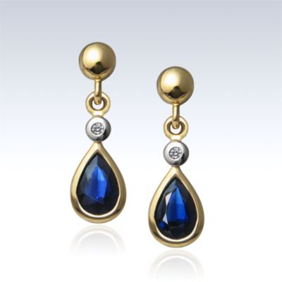 Blue Sapphire and Diamond drop earrings, 14k yellow gold