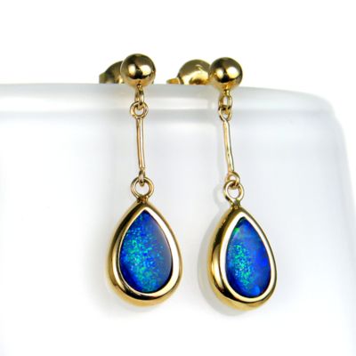 5x8mm Black Boulder Opal Doublet dangle earrings, 14k yellow gold