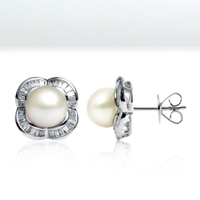 White Pearl and Diamond Flora post earrings, 18k white gold