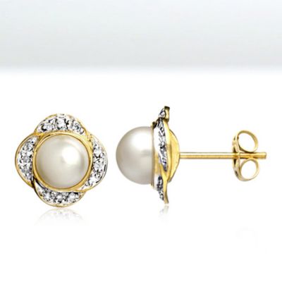 White Pearl and Diamond Flora post earrings, 14k yellow gold