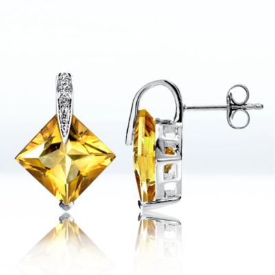 Sunshine Citrine and Diamond Rhombus post earrings, 14k white gold