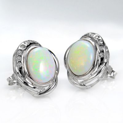 8x10mm Solid White Opal and Cubic Zirconia post earrings, sterling silver