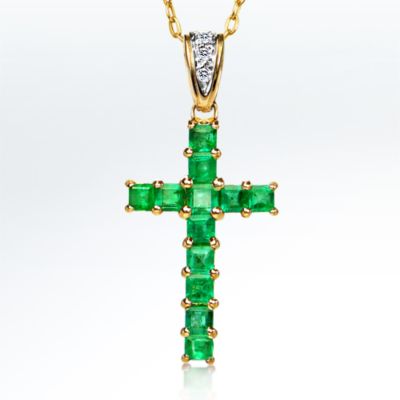 Emerald and Diamond Cross pendant, 10k yellow gold