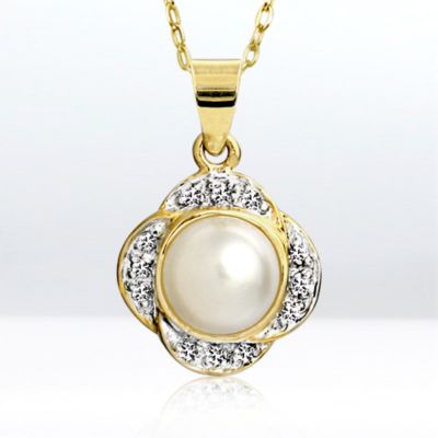White Pearl and Diamond Flora pendant, 14k yellow gold