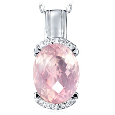 Rose Quartz and Diamond Oval pendant, 14k white gold