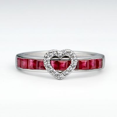 Ruby and Diamond Heart ring, 10k white gold