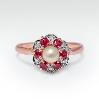 Pearl, Ruby and Diamond ring, 14k rose gold